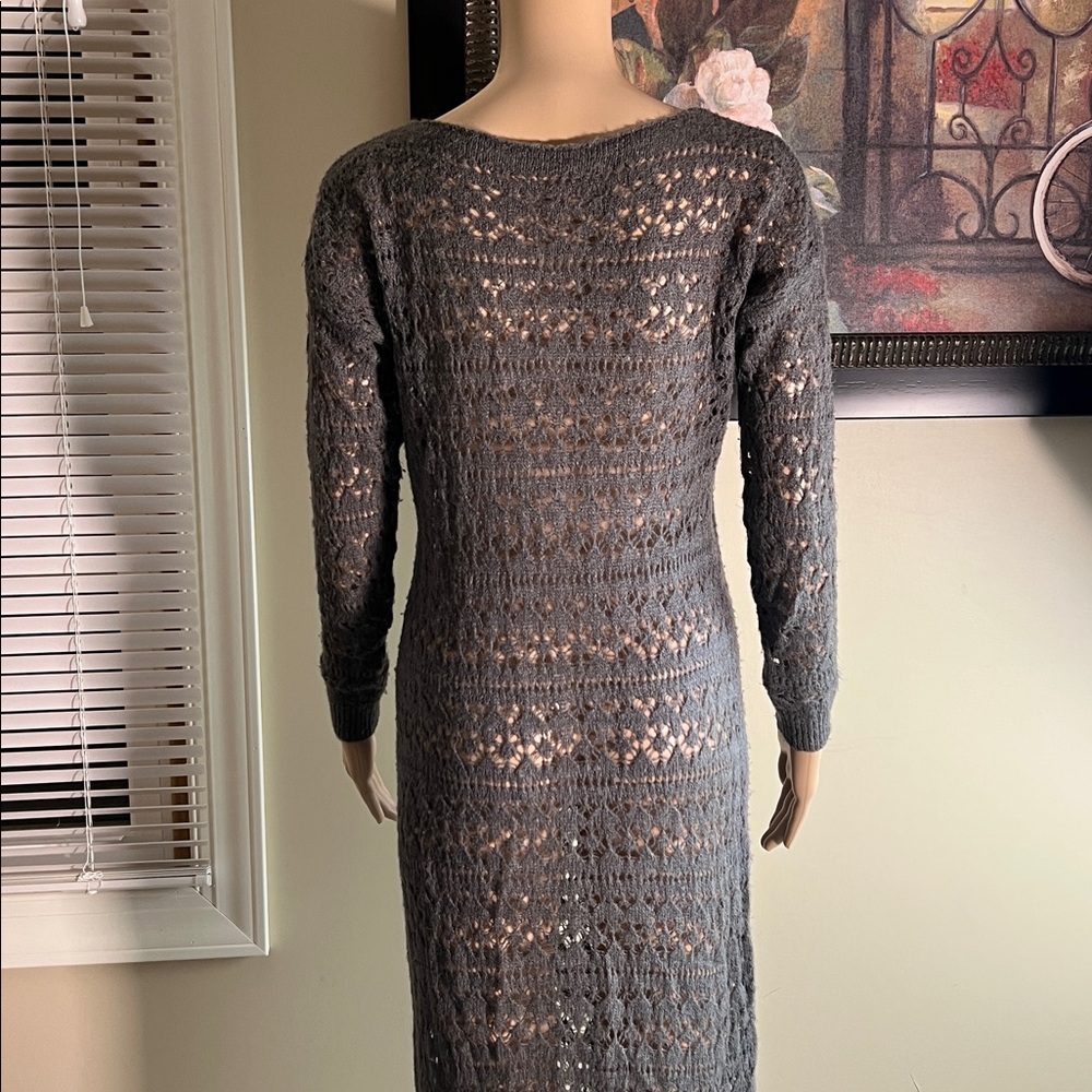 Altamira Milano gray long sleeves crochet knitted maxi sweater dress cover-up S - Picture 5 of 12